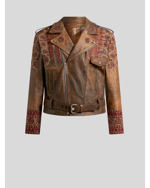 Etro Brown Leather Biker Jacket With Embroidery for men