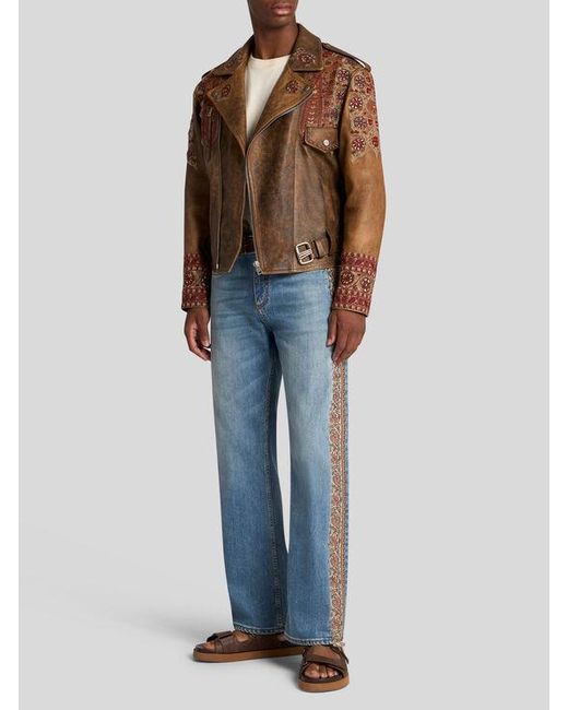 Etro Brown Leather Biker Jacket With Embroidery for men