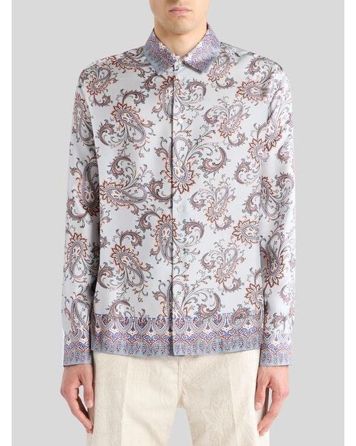 Etro White Silk Shirt With Placed Leafy Paisley Print for men