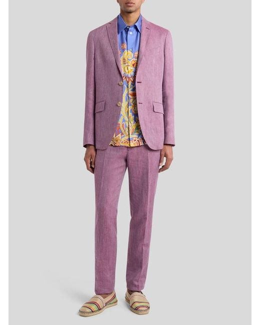 Etro Purple Slub Linen-Blend Trousers for men