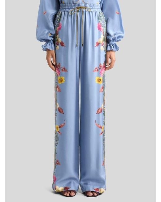 Etro Blue Silk Trousers With Placed Floral Paisley Print