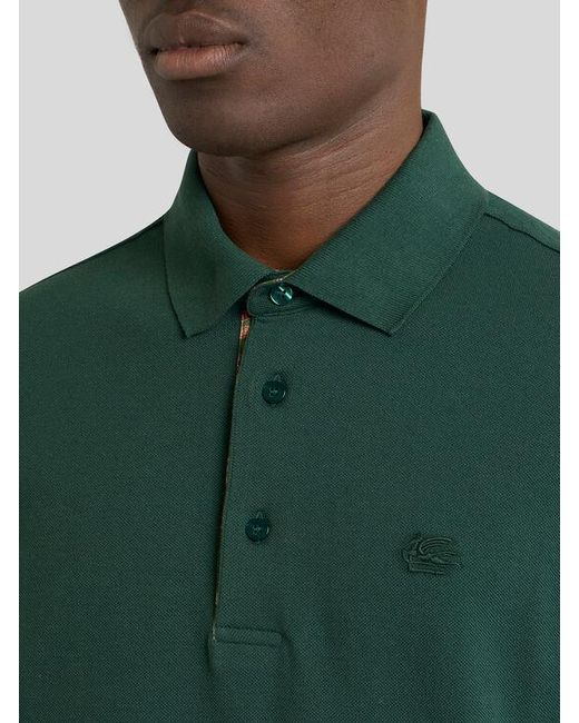 Etro Green Plain-Coloured Cotton Polo Shirt With Printed Details for men