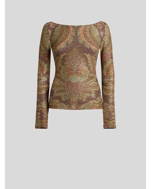 Etro Brown Jersey Sweater With Floral Motif