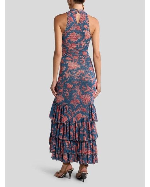 Etro Purple Stretch Tulle Long Dress With Floral Motif