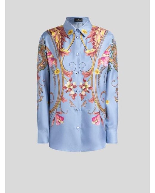 Etro Blue Silk Shirt With Placed Floral Paisley Print