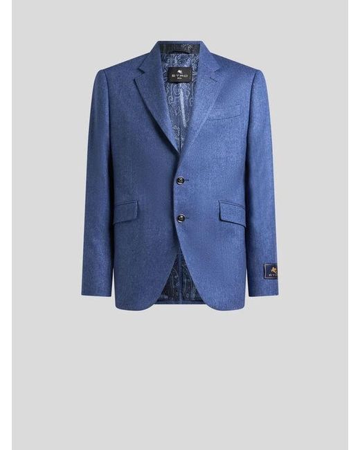 Etro Blue Single-Breasted Wool-Blend Jacket With Micro Chevron Motif for men