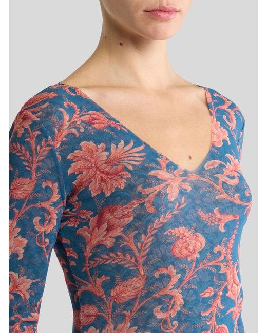 Etro Blue Stretch Tulle Sweater With Floral Motif