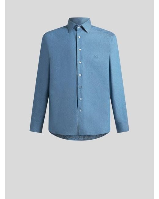 Etro Blue Cotton Shirt With Pegaso for men