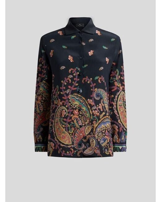 Etro Blue Silk Shirt With Placed Floral Paisley Print