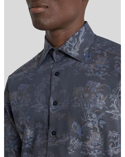 Etro Blue Cotton Jacquard Shirt With Flower And Animal Motif for men