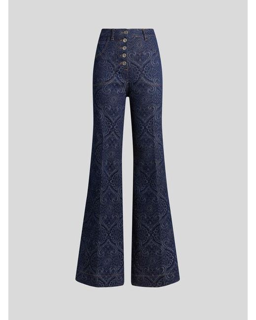 Etro Blue Flared Jacquard Denim Jeans With Pegaso Buttons