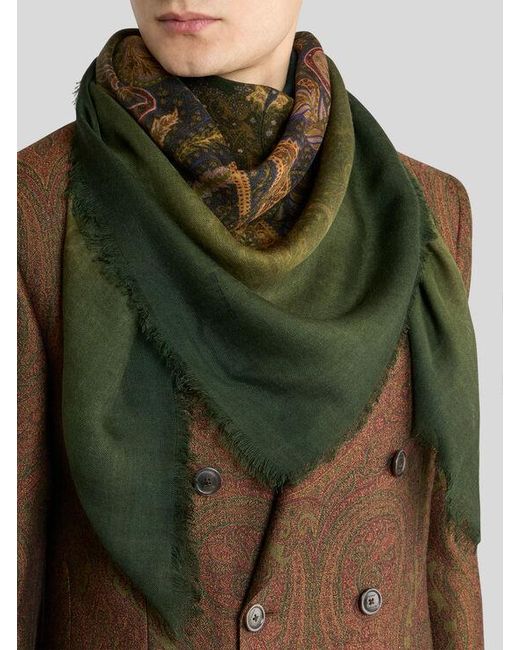 Etro Green Wool And Silk Scarf With Faded Floral Paisley Motif for men