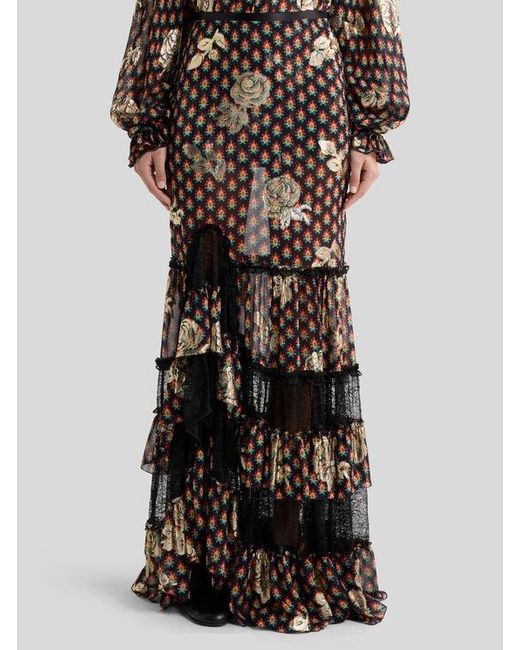 Etro Black Silk And Lace Maxi Skirt With Fil Coupé Roses And Tie-Inspired Motif