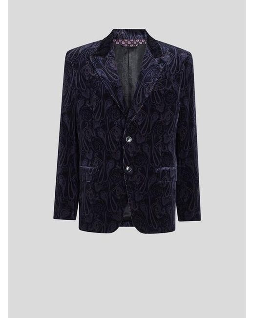 Etro Blue Single-Breasted Cotton Velvet Jacket With Paisley Overprint for men