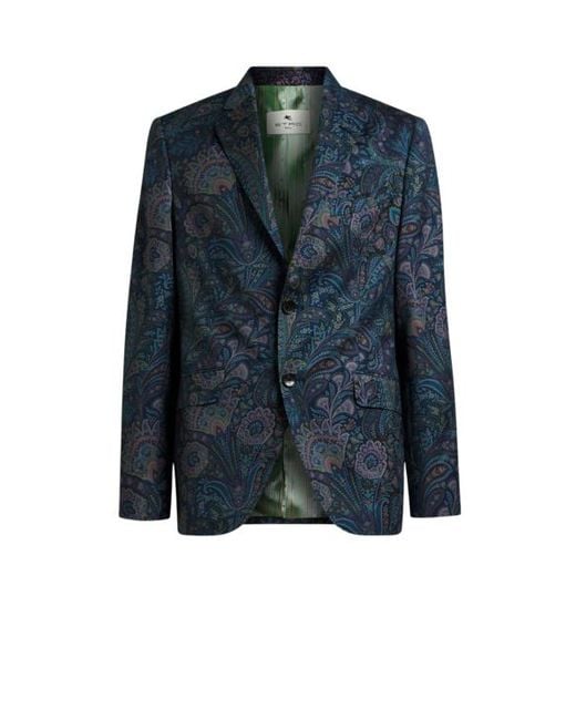 Etro Blue Single-Breasted Wool Jacket With Floral Motif for men