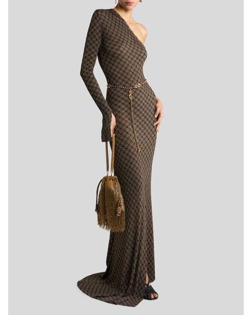 Etro Brown Ribbed Long Dress With Micro Diamond Motif