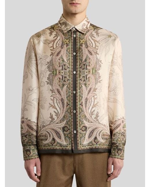 Etro Natural Silk Twill Shirt With Placed Pegaso Print for men