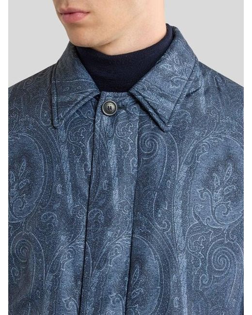 Etro Blue Padded Raincoat With Arnica Motif for men
