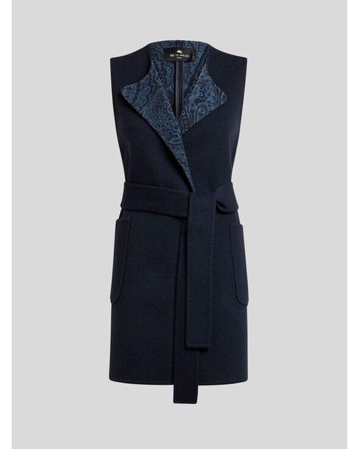 Etro Blue Long Wool And Cashmere Jacquard Waistcoat