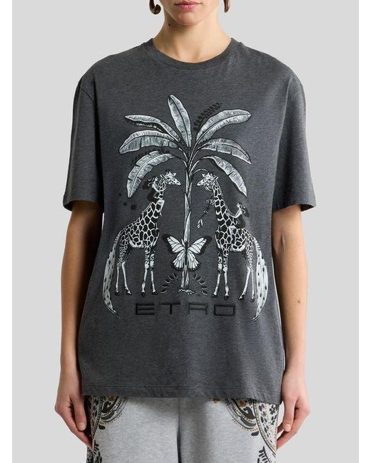 Etro Black Cotton Jersey T-Shirt With Placed Giraffe Print
