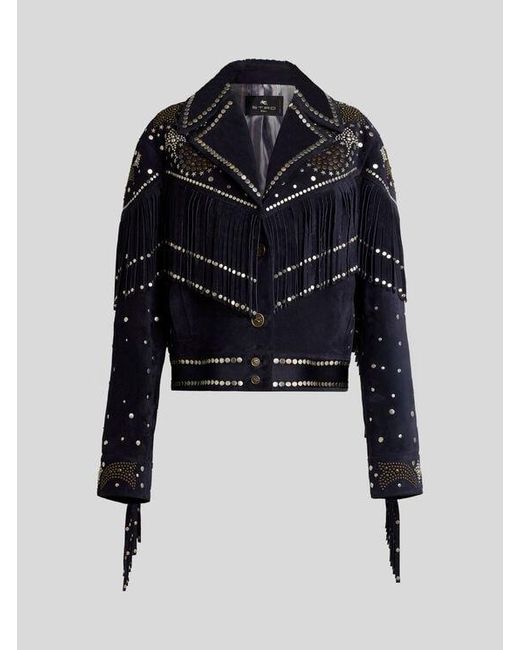 Etro Black Leather Jacket With Studs And Fringing