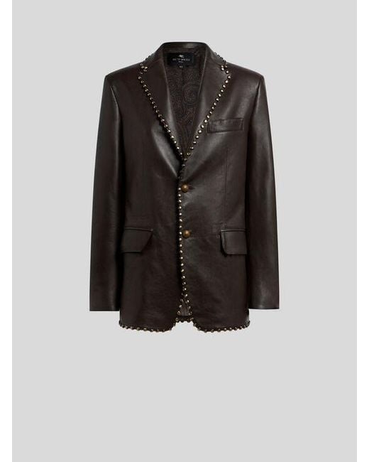 Etro Black Single-Breasted Leather Jacket With Studs