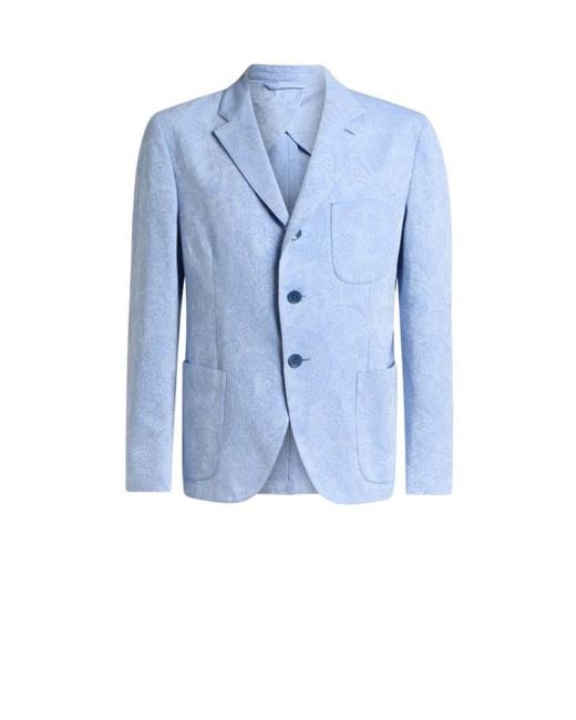 Etro Blue Single-Breasted Striped Cotton Jacket With Floral Paisley Motif for men