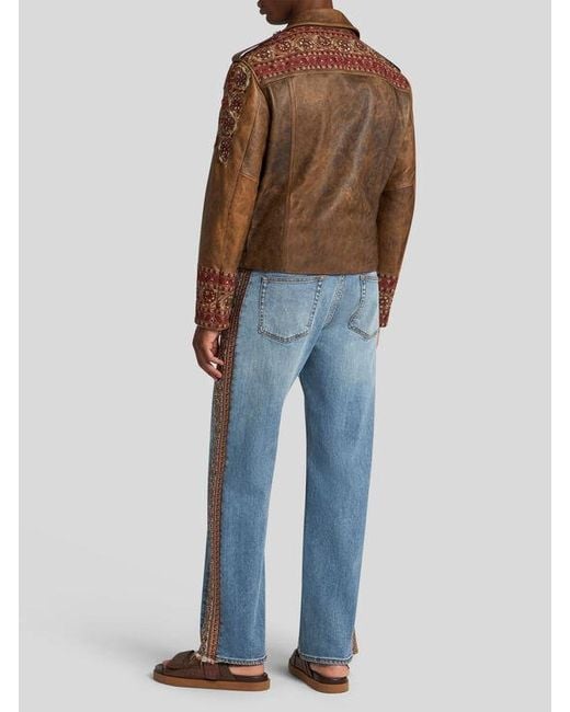 Etro Brown Leather Biker Jacket With Embroidery for men