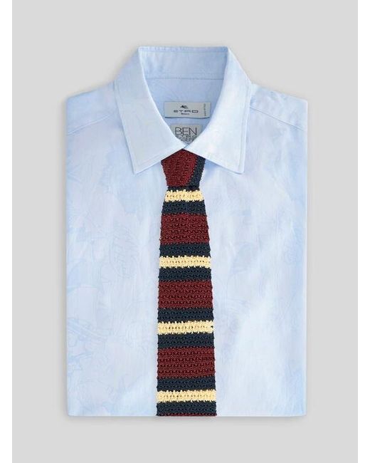 Etro White Knit Silk Tie With Stripes And Pegaso for men