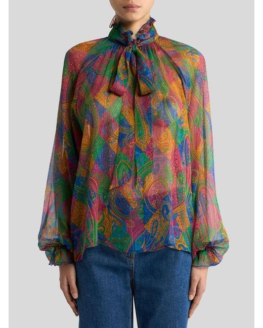 Etro Multicolor Silk Crepon Blouse With Geometric Paisley Motif