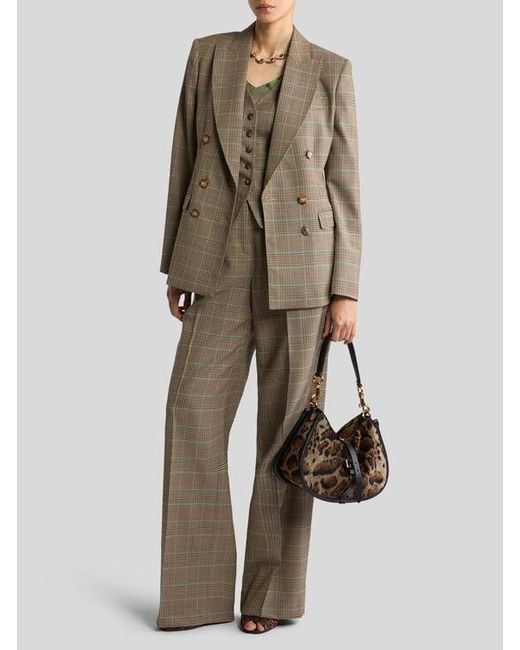 Etro Natural Stretch Wool Trousers With Prince Of Wales Motif