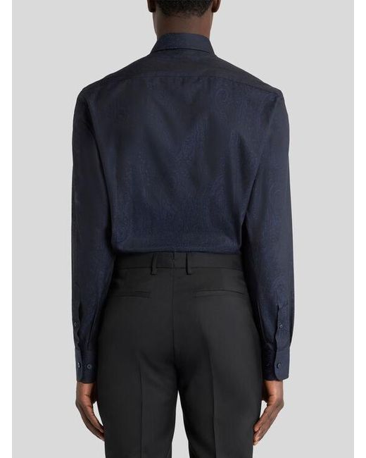 Etro Blue Cotton Jacquard Shirt With Arnica Motif for men