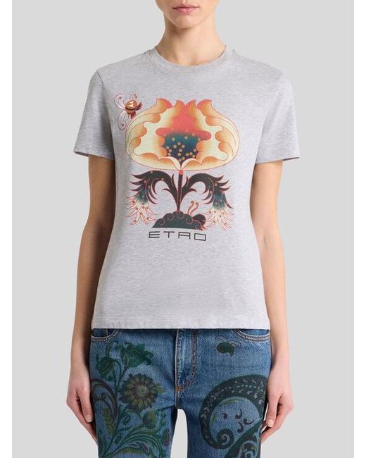 Etro White Cotton T-Shirt With Print And Logo