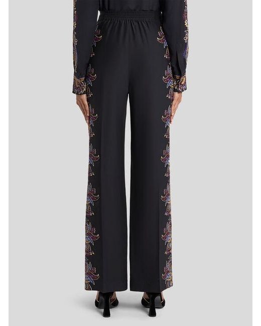 Etro Black Silk Palazzo Trousers With Placed Paisley Foliage Print
