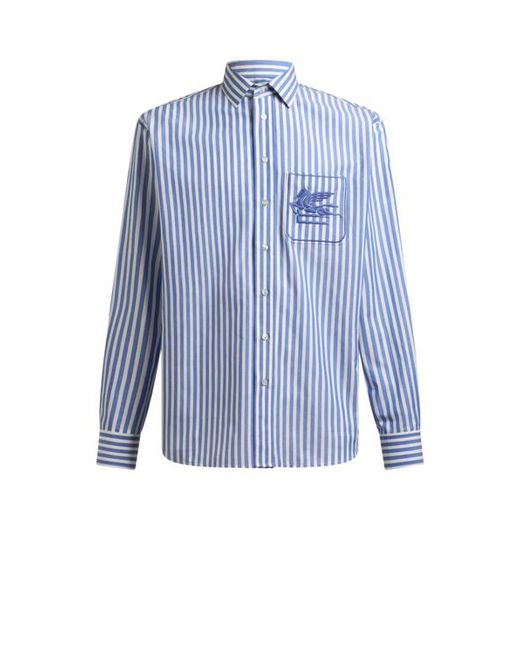 Etro Blue Striped Shirt With Pegaso for men