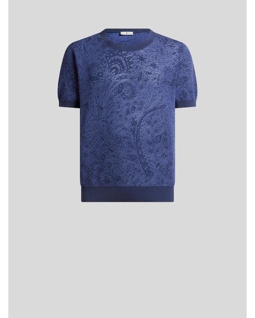 Etro Blue Knit Cotton T-Shirt With Floral Paisley Motif for men