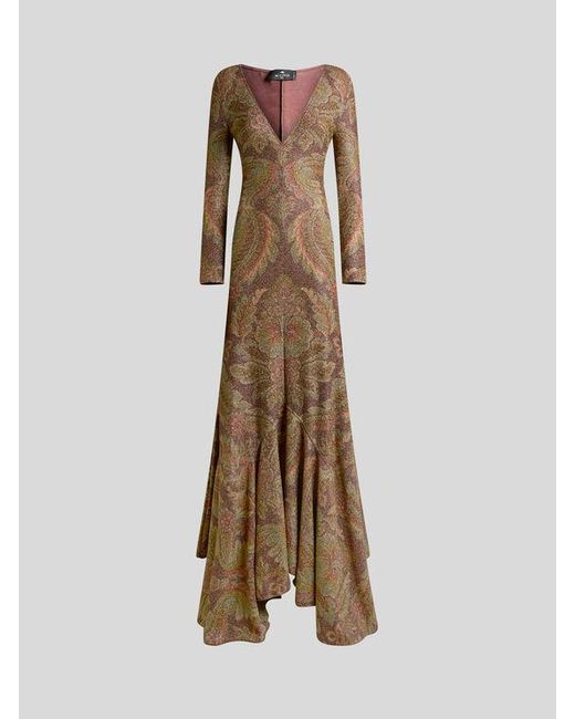 Etro Natural Long Jersey Dress With Floral Motif
