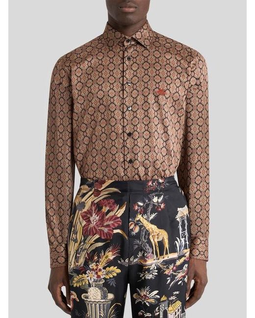 Etro Brown Cotton Satin Shirt With Medallion Motif for men