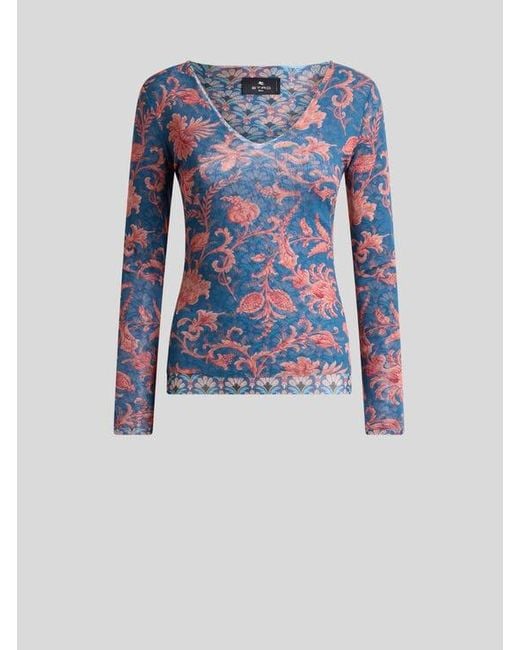 Etro Blue Stretch Tulle Sweater With Floral Motif