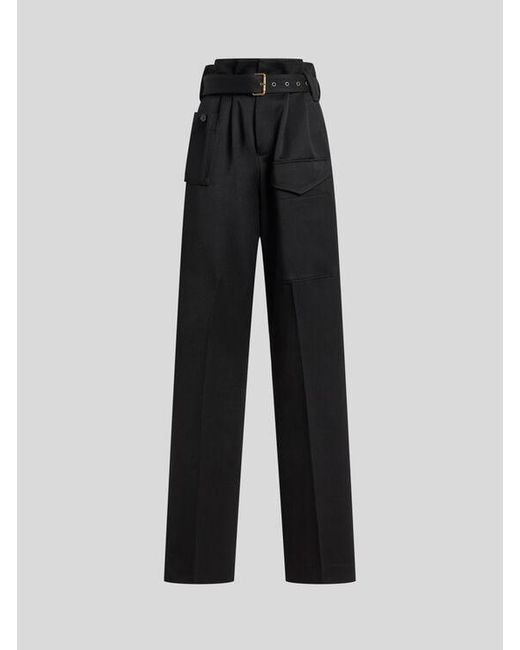 Etro Black Straight-Leg Wool Trousers With Pockets And Belt