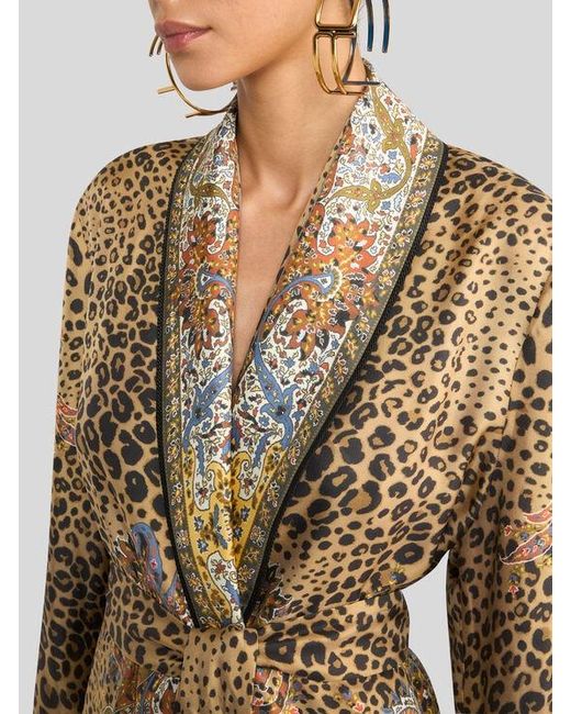 Etro Natural Silk Robe Coat With Paisley And Animal Motif