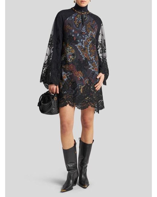 Etro Black Crepe De Chine And Lace Mini Dress