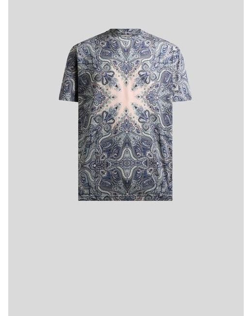 Etro Blue Cotton T-Shirt With Pocket-Square Paisley Motif for men