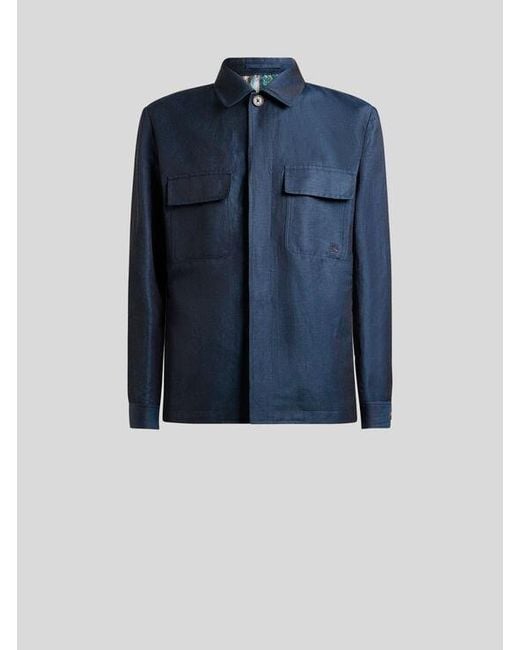Etro Blue Wool And Linen Shacket for men