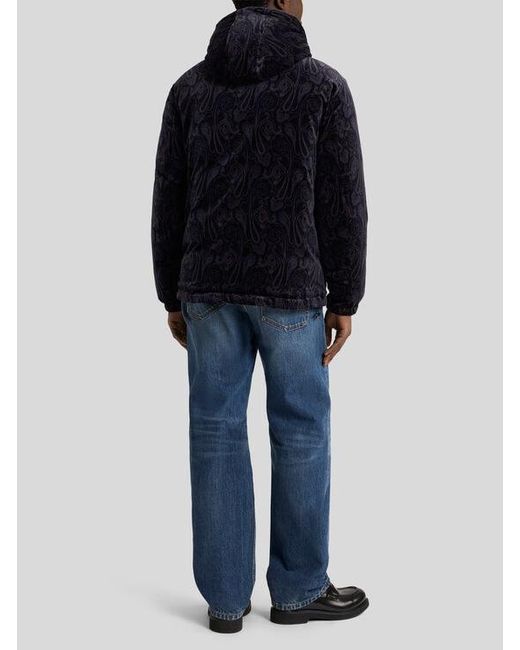 Etro Blue Cotton Velvet Down Jacket With Paisley Motif for men
