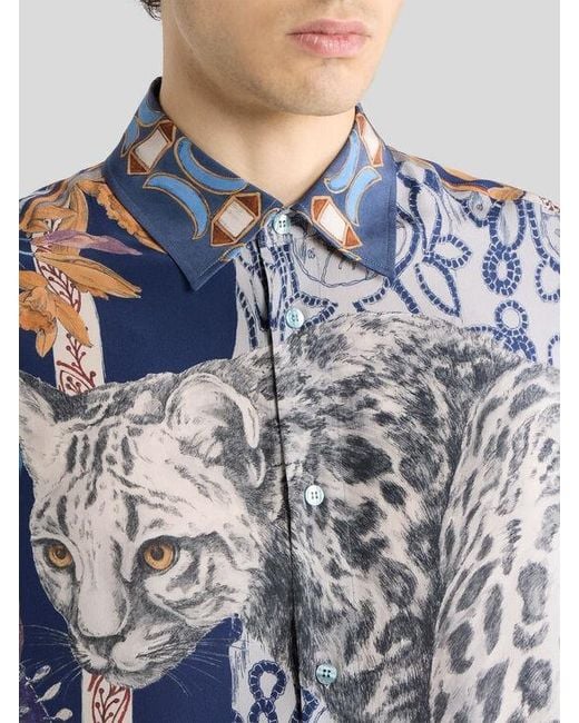 Etro Blue Silk Shirt With Placed Leopard Print for men