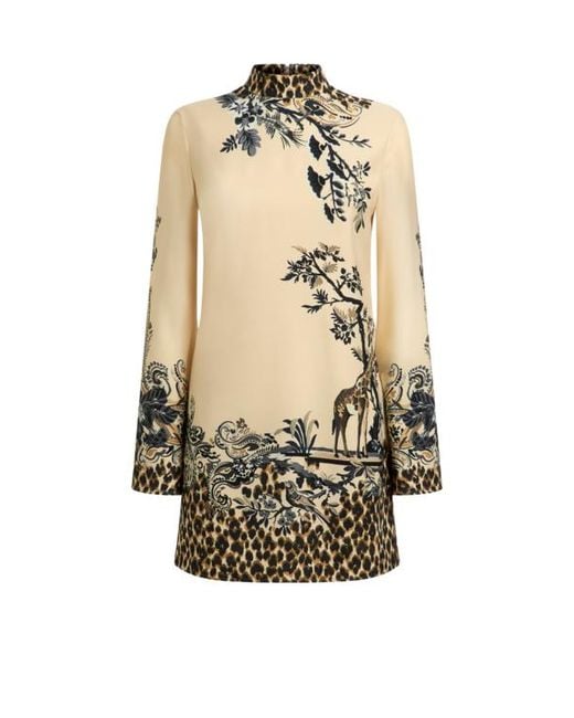 Etro Natural Envers Satin Mini Dress With Front Print And Leopard Motif