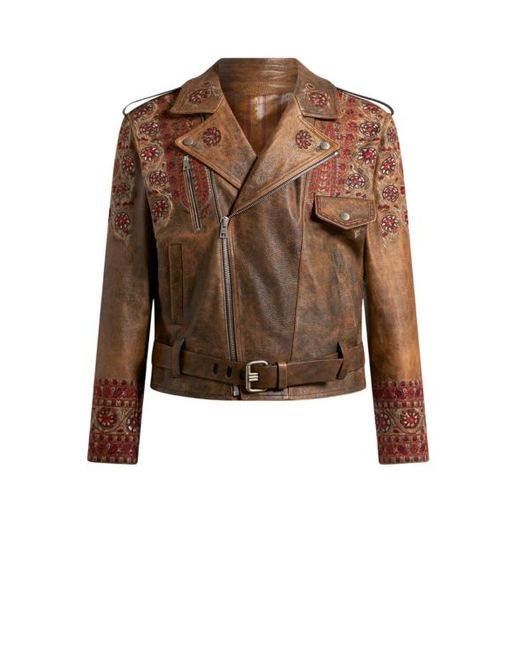 Etro Brown Leather Biker Jacket With Embroidery for men