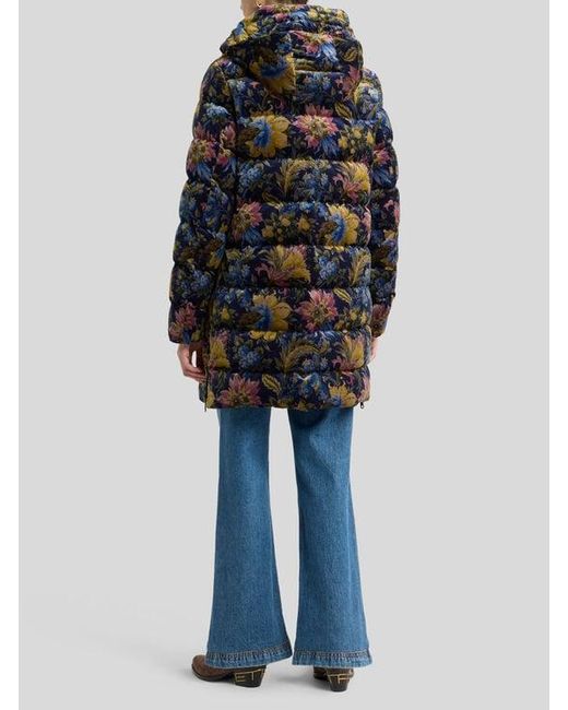 Etro Black Cotton Velvet Down Jacket With Hood And Floral Overprint