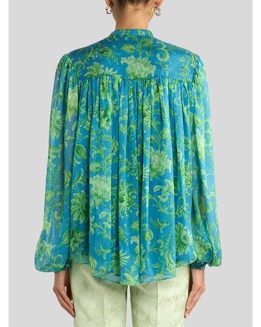 Etro Green Silk Shirt With Gathering And Floral Motif